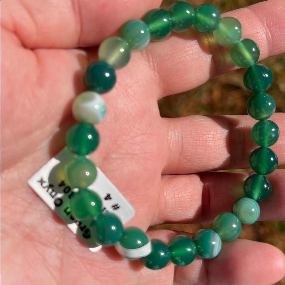 NWT Natural Green Onyx Beaded Elastic Bracelet - Picture 7 of 8